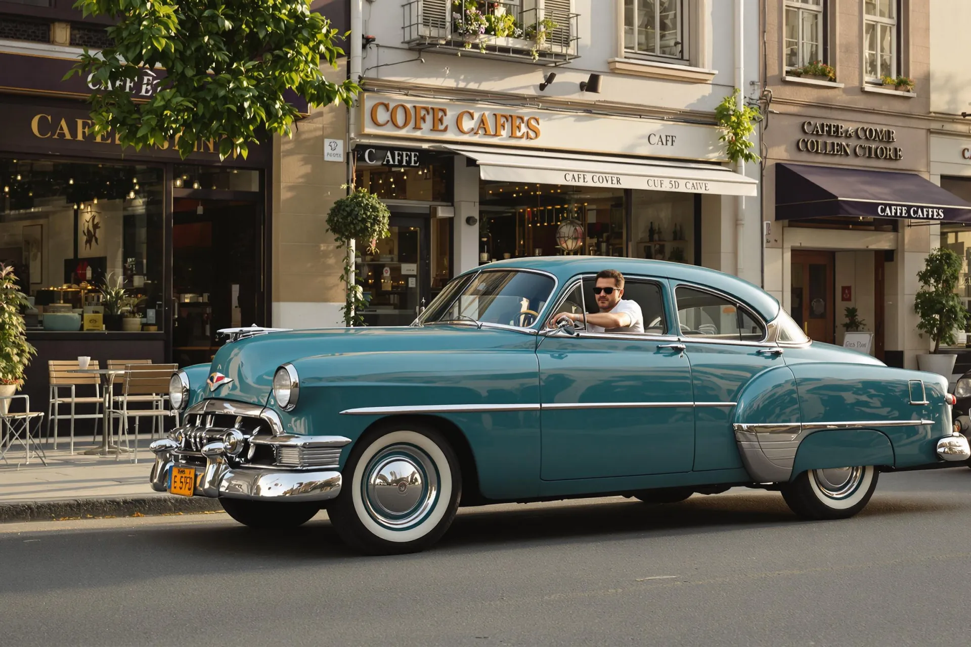 Une voiture ancienne des années 50 stationnée devant un café moderne, son propriétaire s'apprête à prendre le volant sous une lumière dorée.