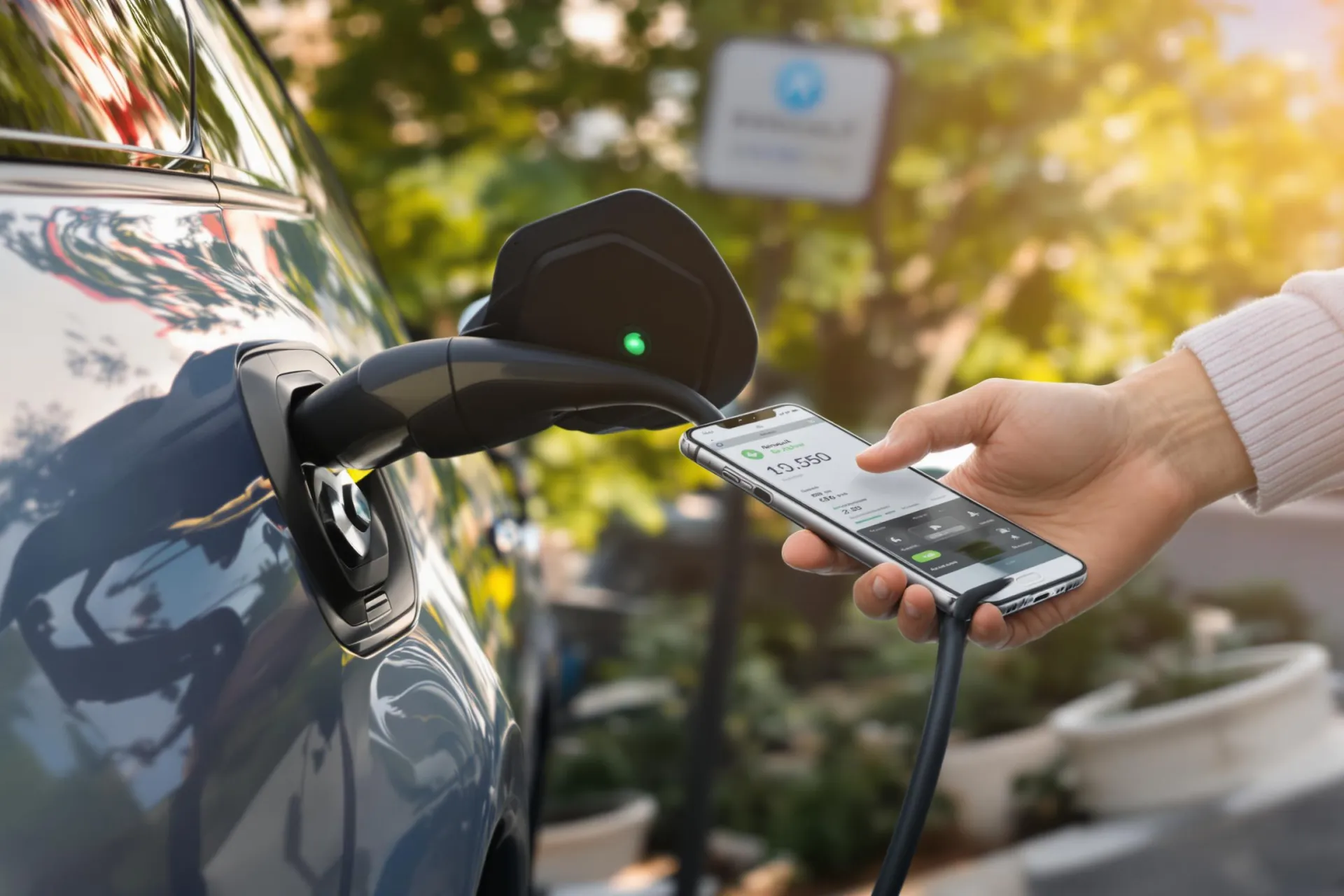 Une personne recharge sa voiture électrique citadine à une borne publique tout en consultant l'application de recharge sur son smartphone.