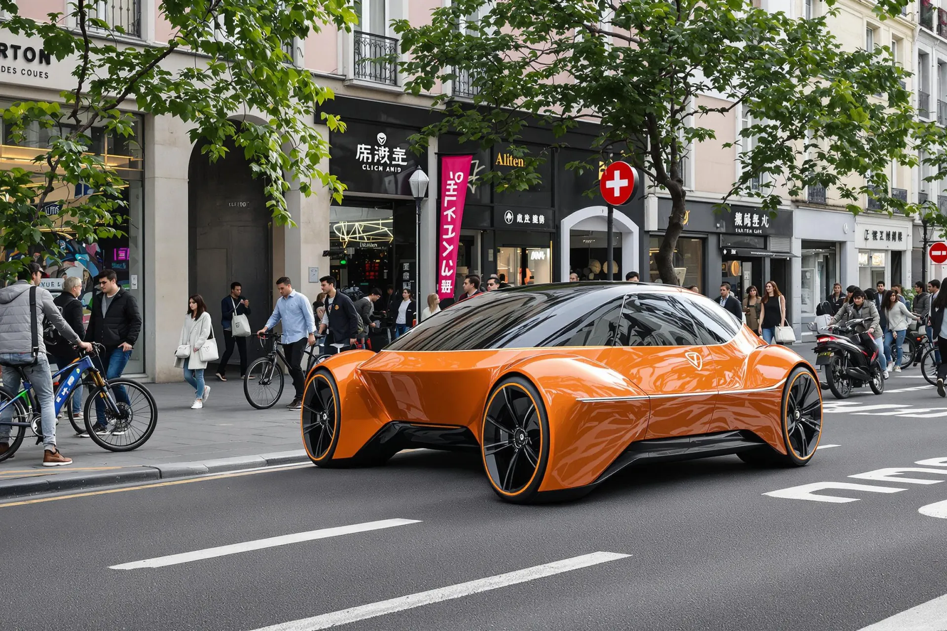 Une voiture électrique chinoise moderne est garée dans une rue animée de France, entourée de passants et de cyclistes.