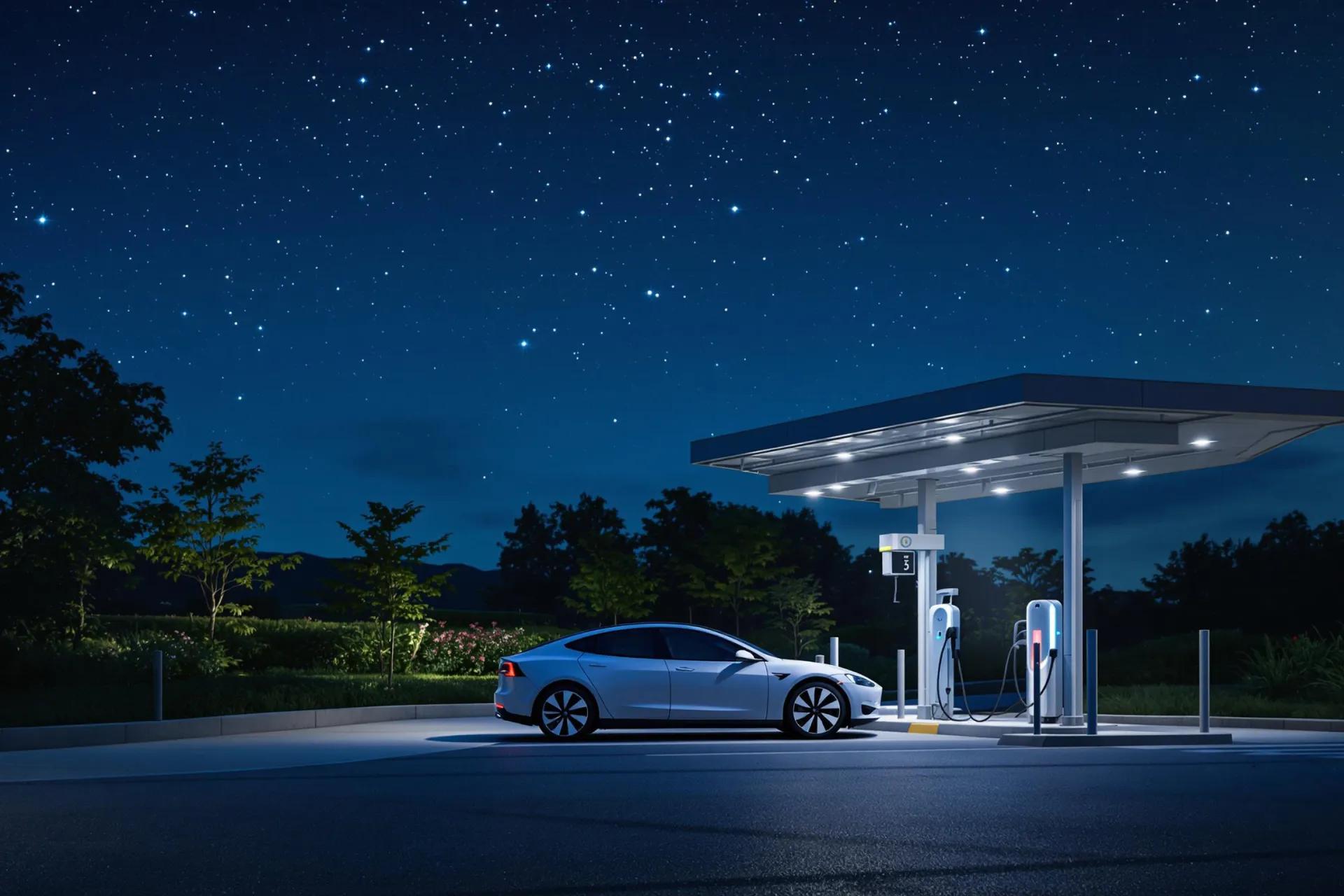 Une voiture électrique moderne se recharge la nuit sous un ciel étoilé.