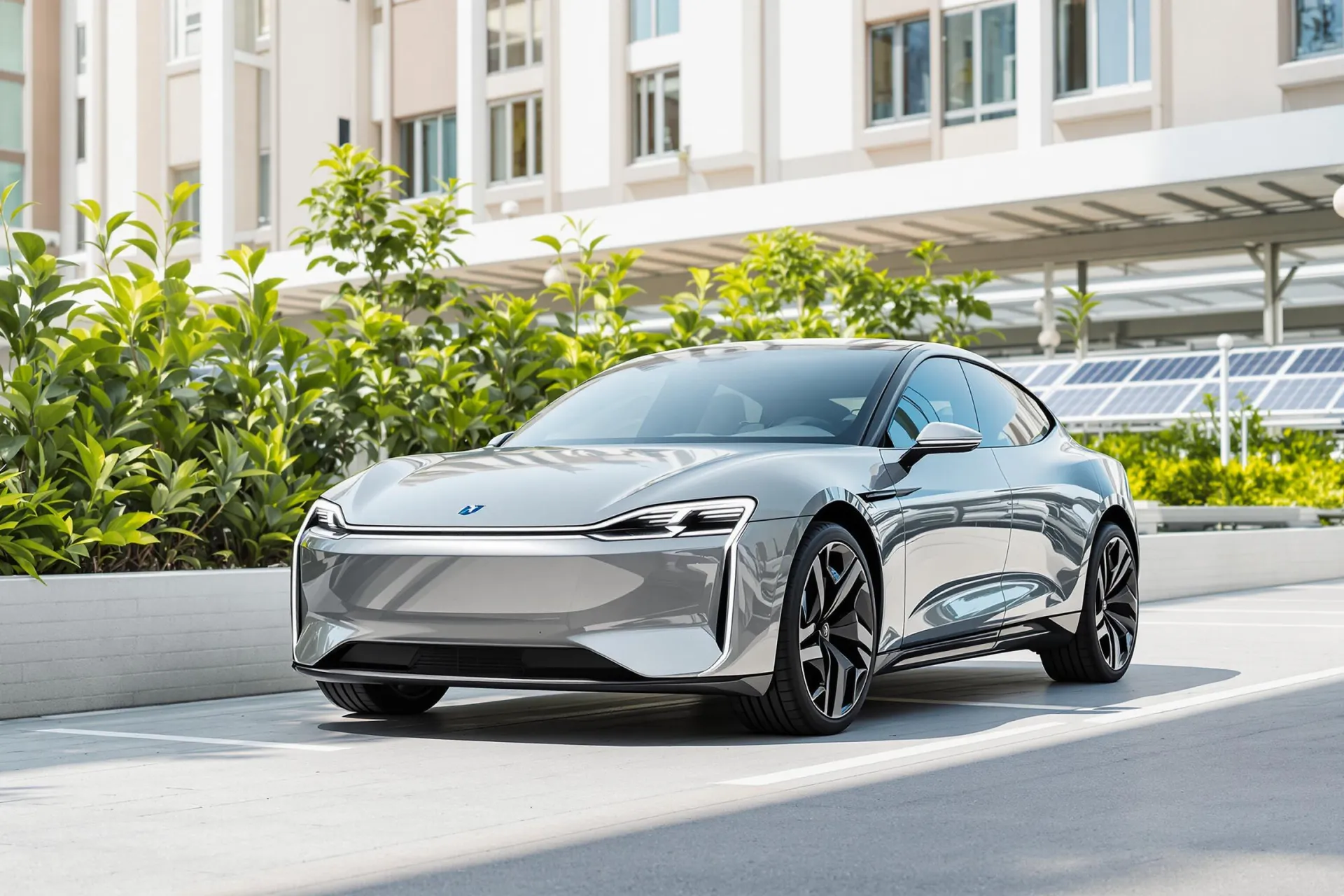 Une voiture électrique moderne stationnée avec des panneaux solaires en arrière-plan, sous un ciel ensoleillé.