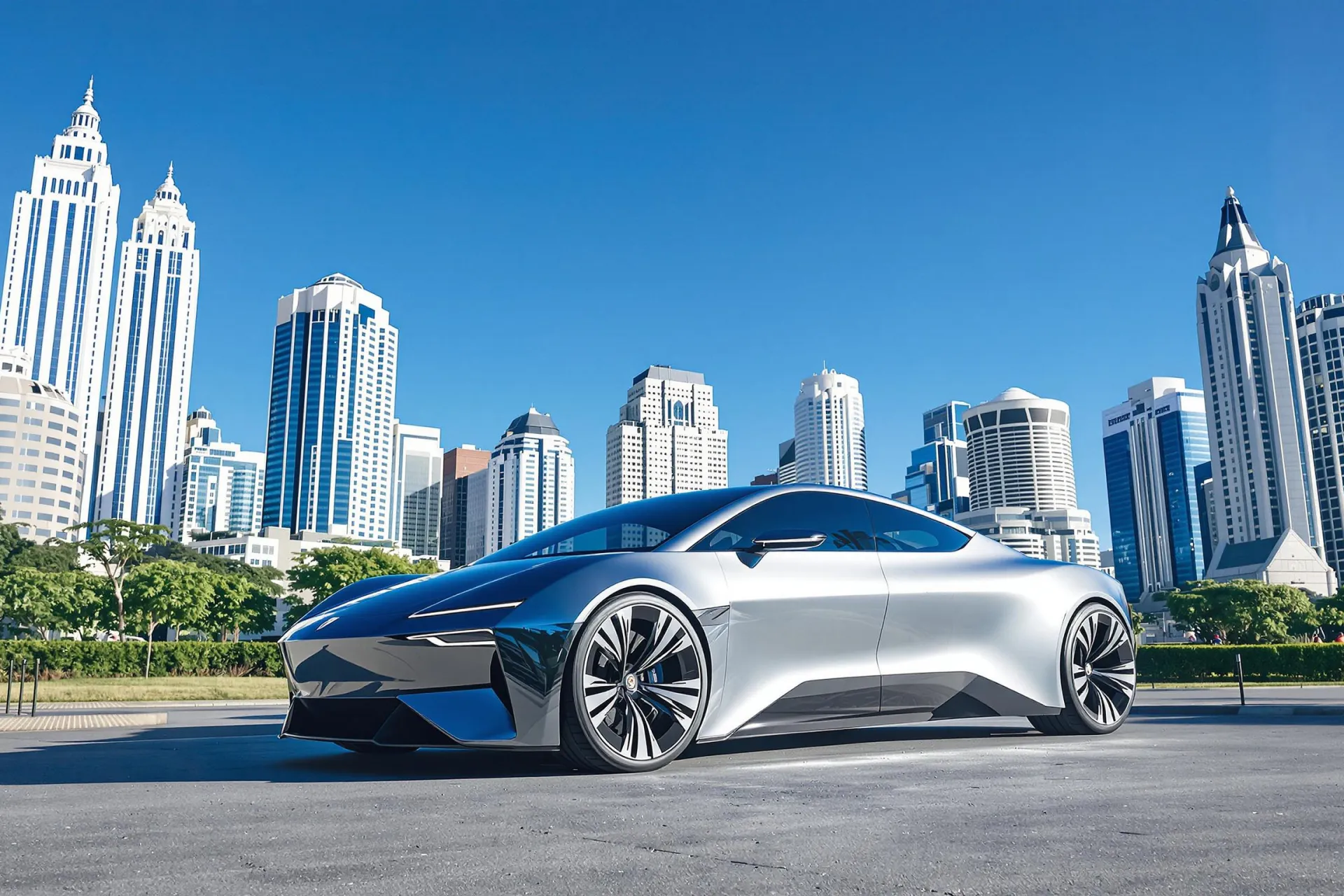 Une voiture électrique futuriste stationnée devant une ville animée sous un ciel bleu.