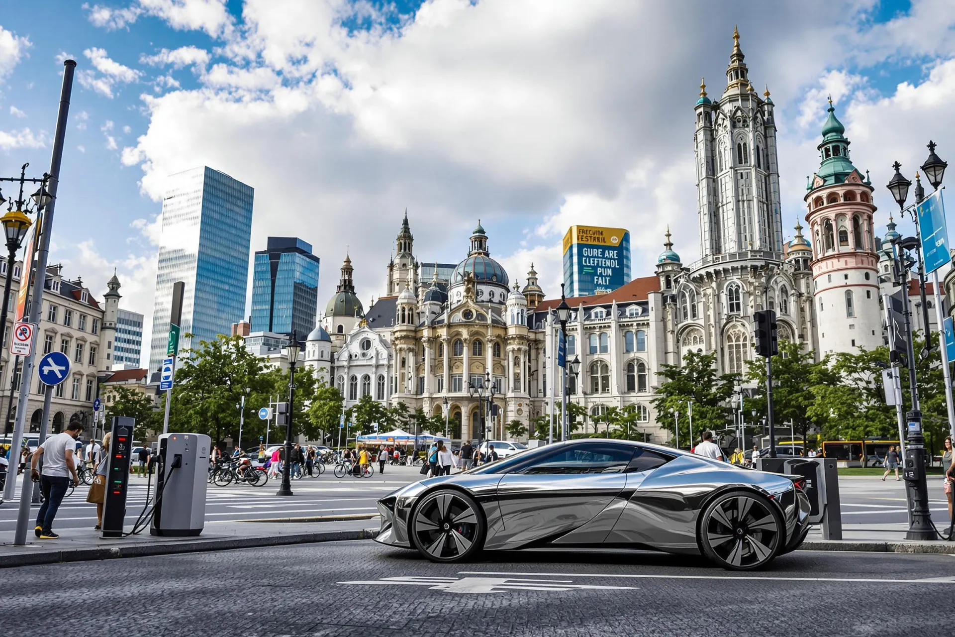 Une voiture électrique moderne à une station de recharge dans une ville européenne animée.