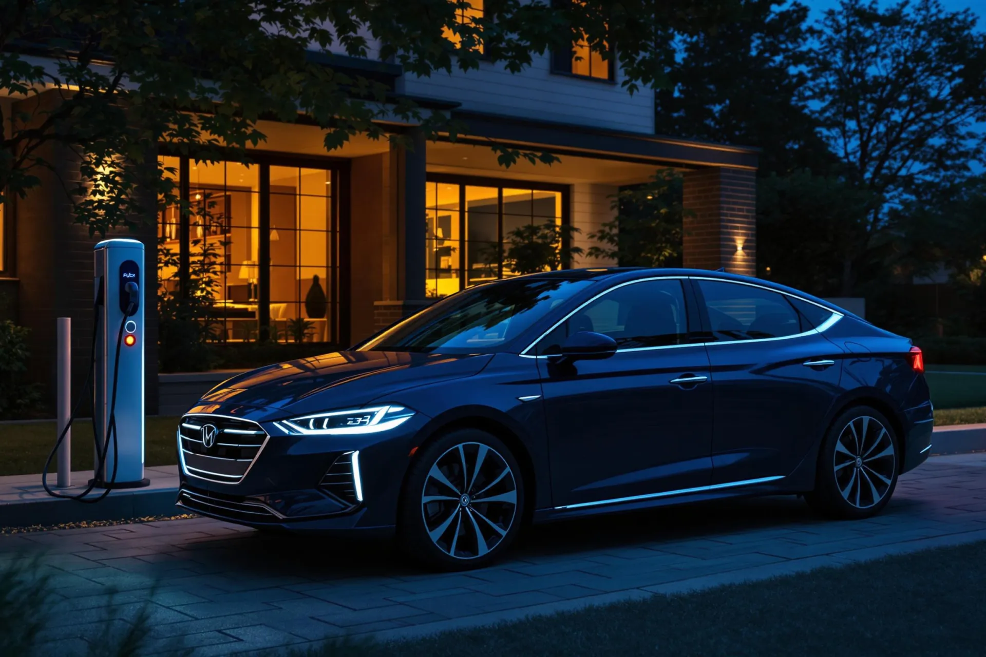 Une voiture hybride rechargeable moderne est branchée à une borne de recharge dans une allée résidentielle au crépuscule, avec une maison éclairée en arrière-plan.