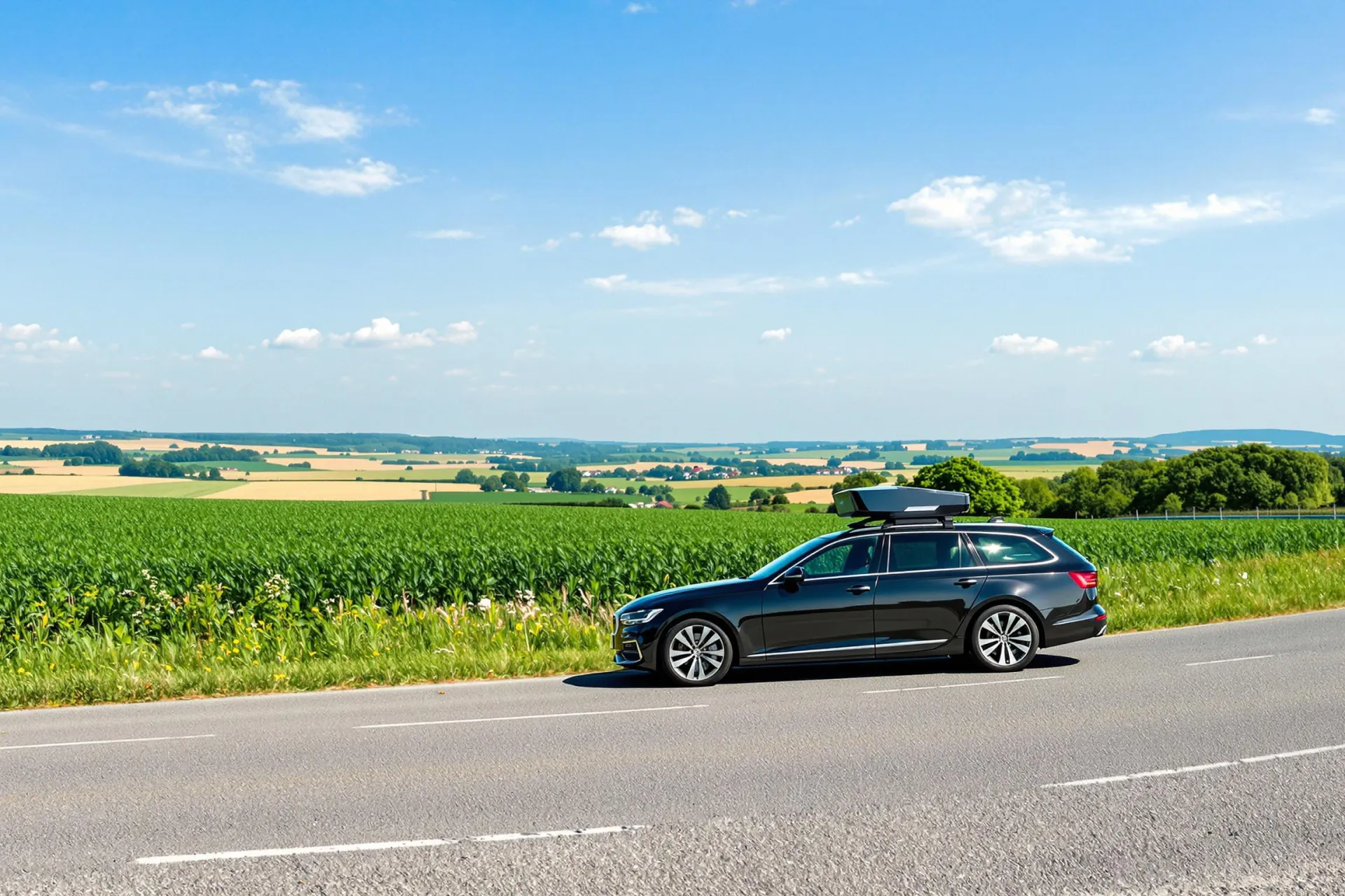Une voiture moderne avec radar sur une route de campagne française sous un ciel bleu.