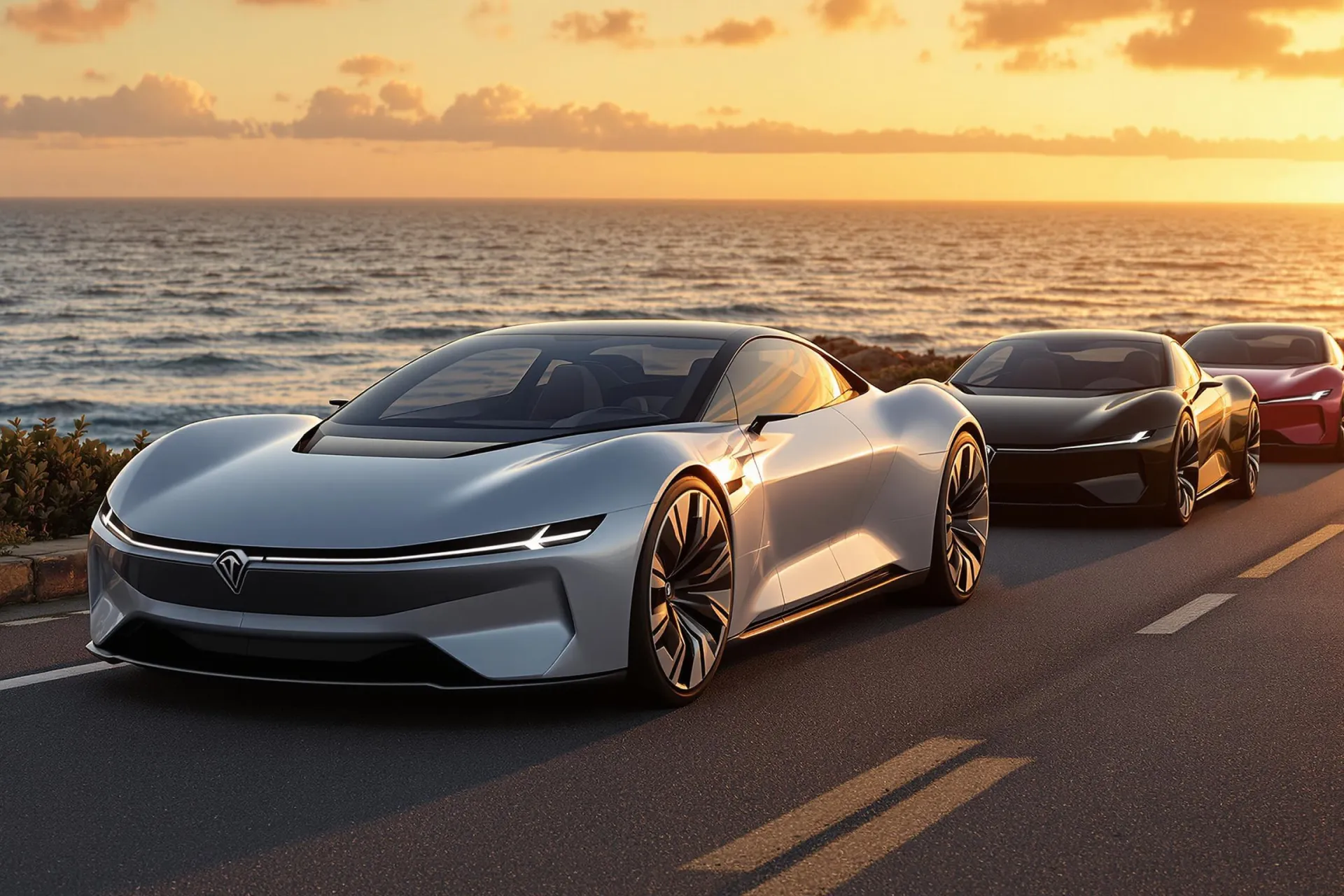 Trois voitures électriques modernes alignées sur une route côtière au coucher du soleil.