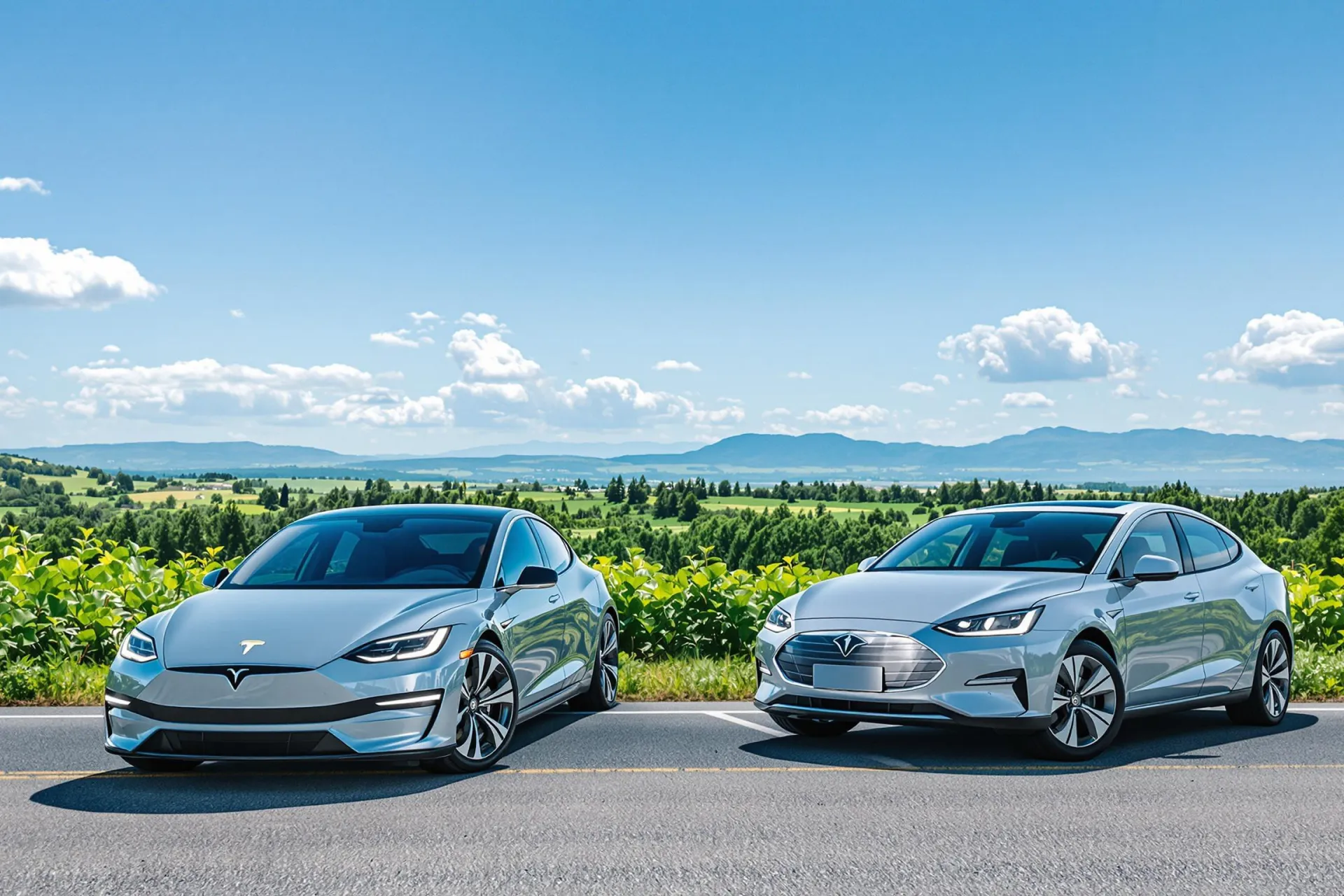 Deux voitures, électrique et hybride, garées sur une route de campagne entourée de verdure.