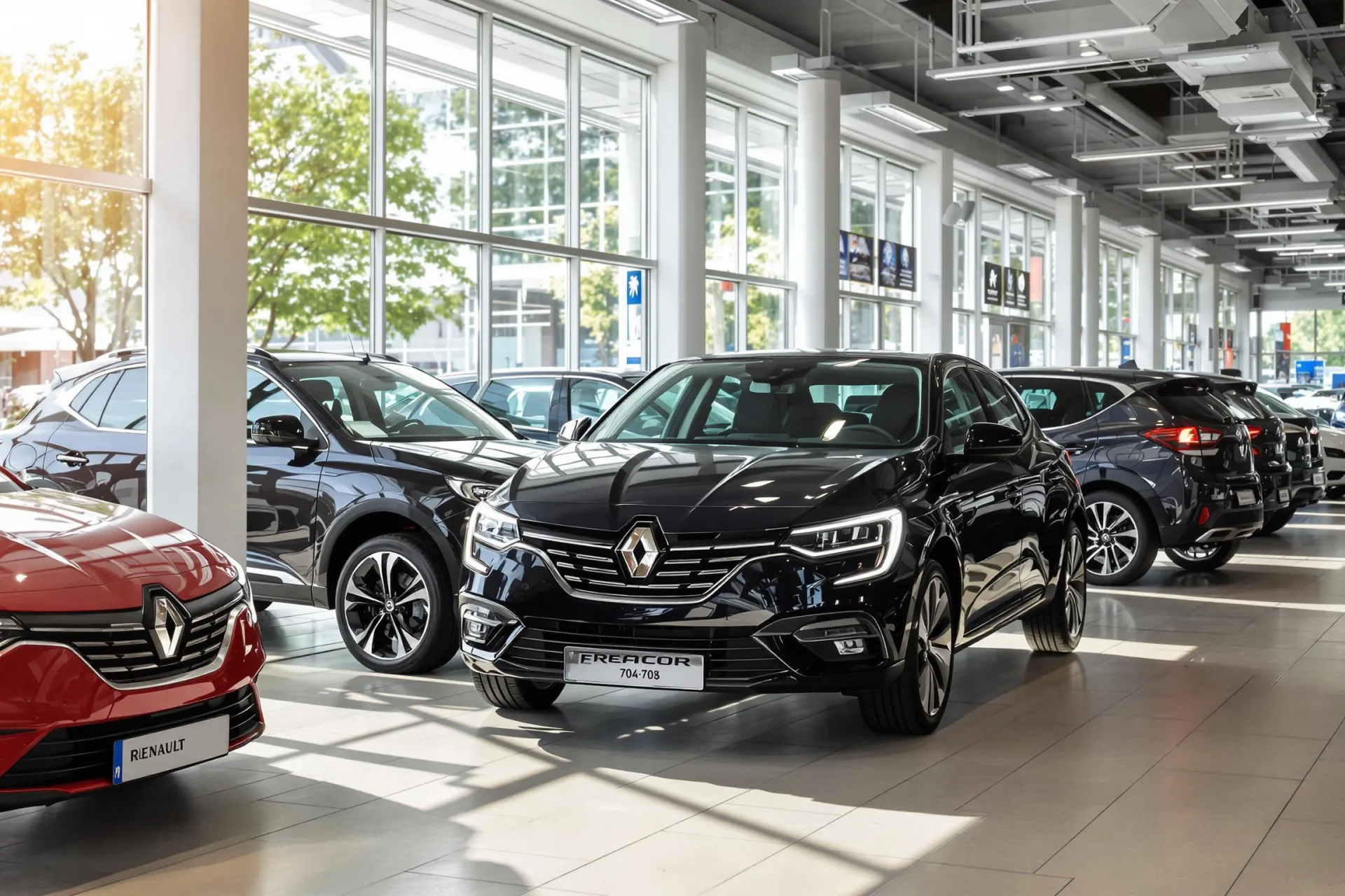 Une salle d'exposition automobile en France avec des voitures modernes et bien éclairées.