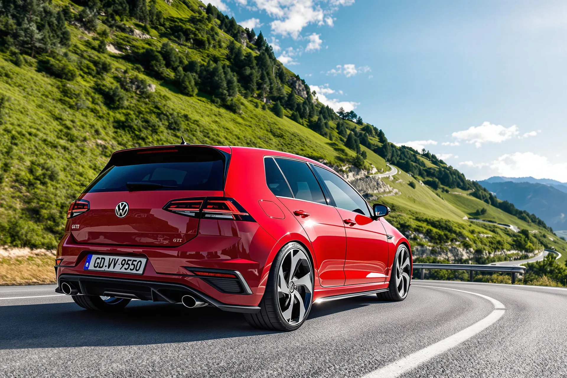Une Volkswagen Golf GTI Edition 50 roule sur une route de montagne sinueuse, sous un ciel bleu clair.