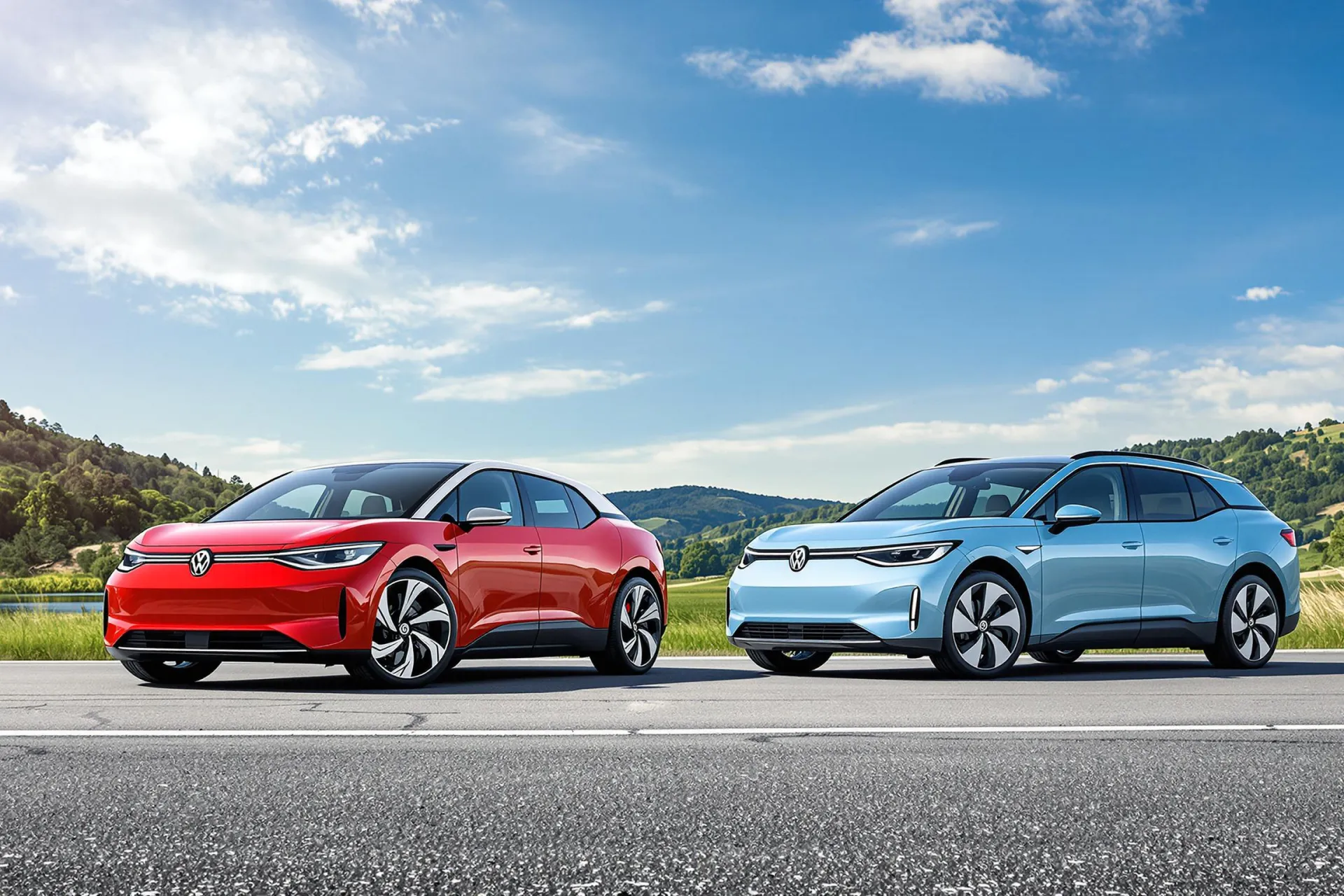 Deux Volkswagen ID.4 et ID.5 garées sur une route pittoresque avec ciel bleu et verdure.