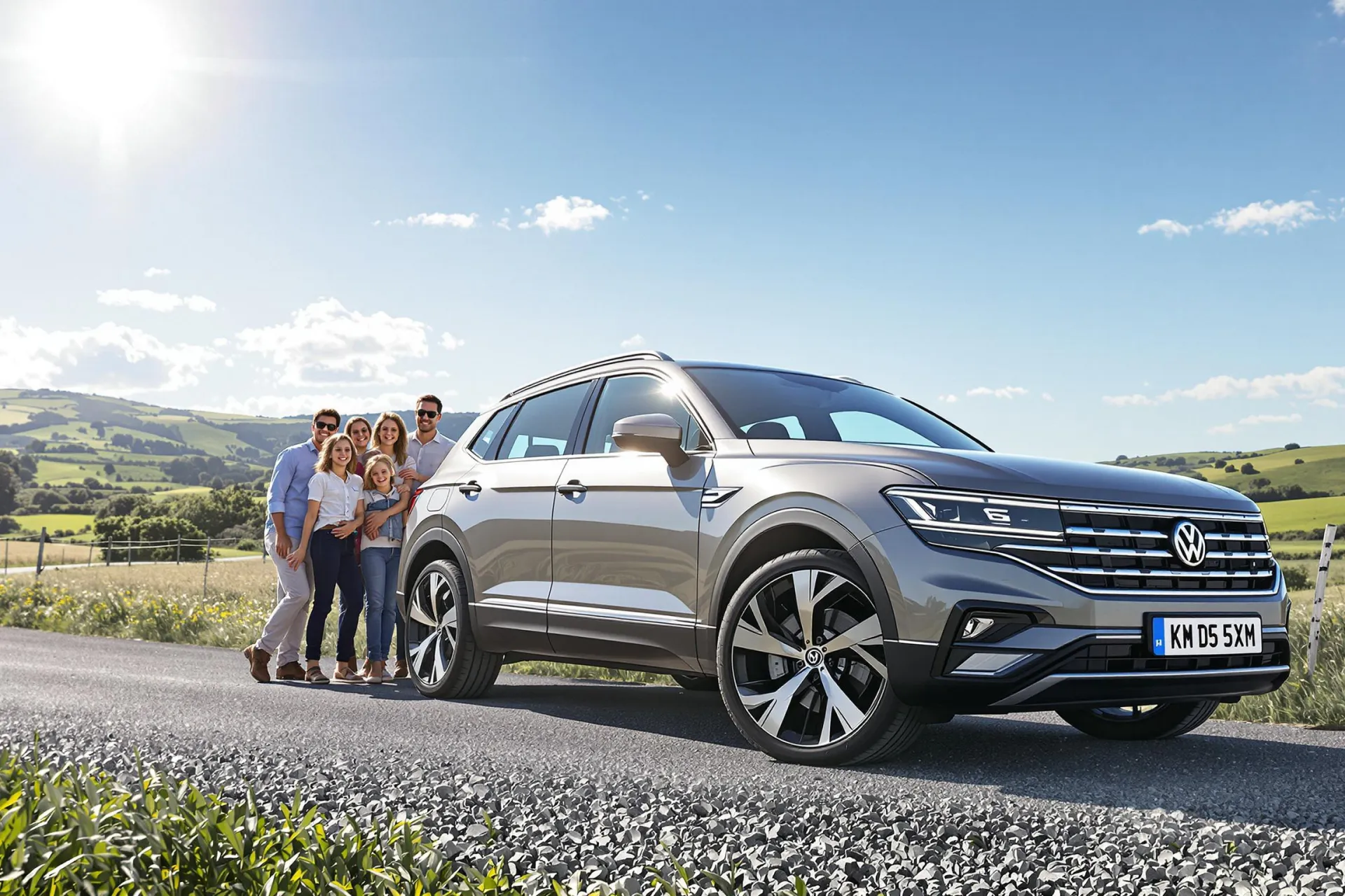 Le Volkswagen Tayron eHybrid 272 ch est garé dans un cadre champêtre avec une famille joyeuse à côté.