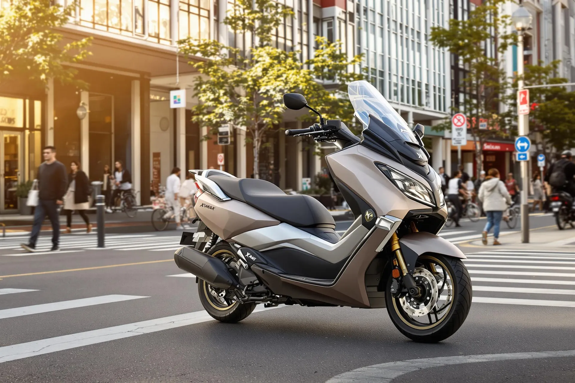 Le scooter X-Max 125 Tech Max stationné sur une rue animée de la ville avec des bâtiments modernes en arrière-plan.