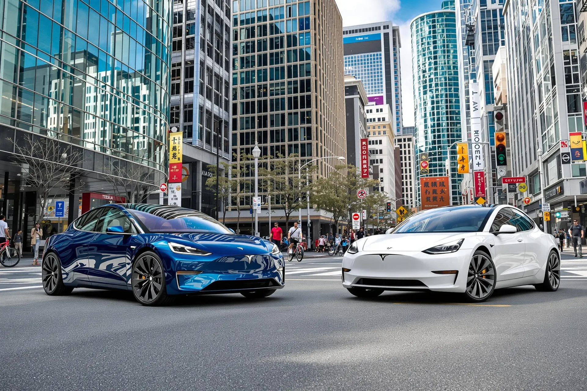 La Xiaomi SU7 et la Tesla Model Y se comparent sur une rue animée en ville.