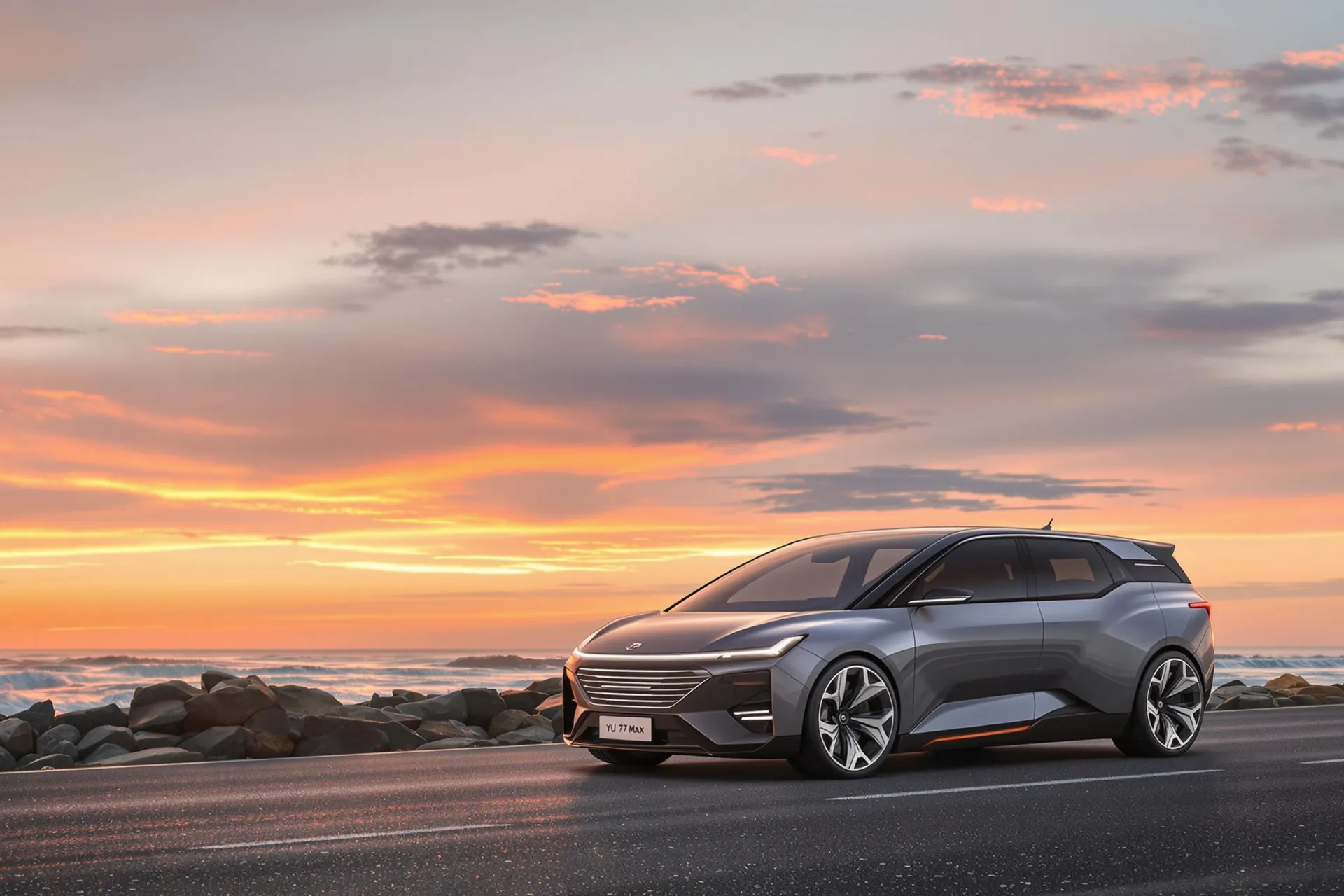 Le SUV Xiaomi YU7 Max est garé sur une route côtière au coucher du soleil, avec des vagues et un ciel orangé en arrière-plan.