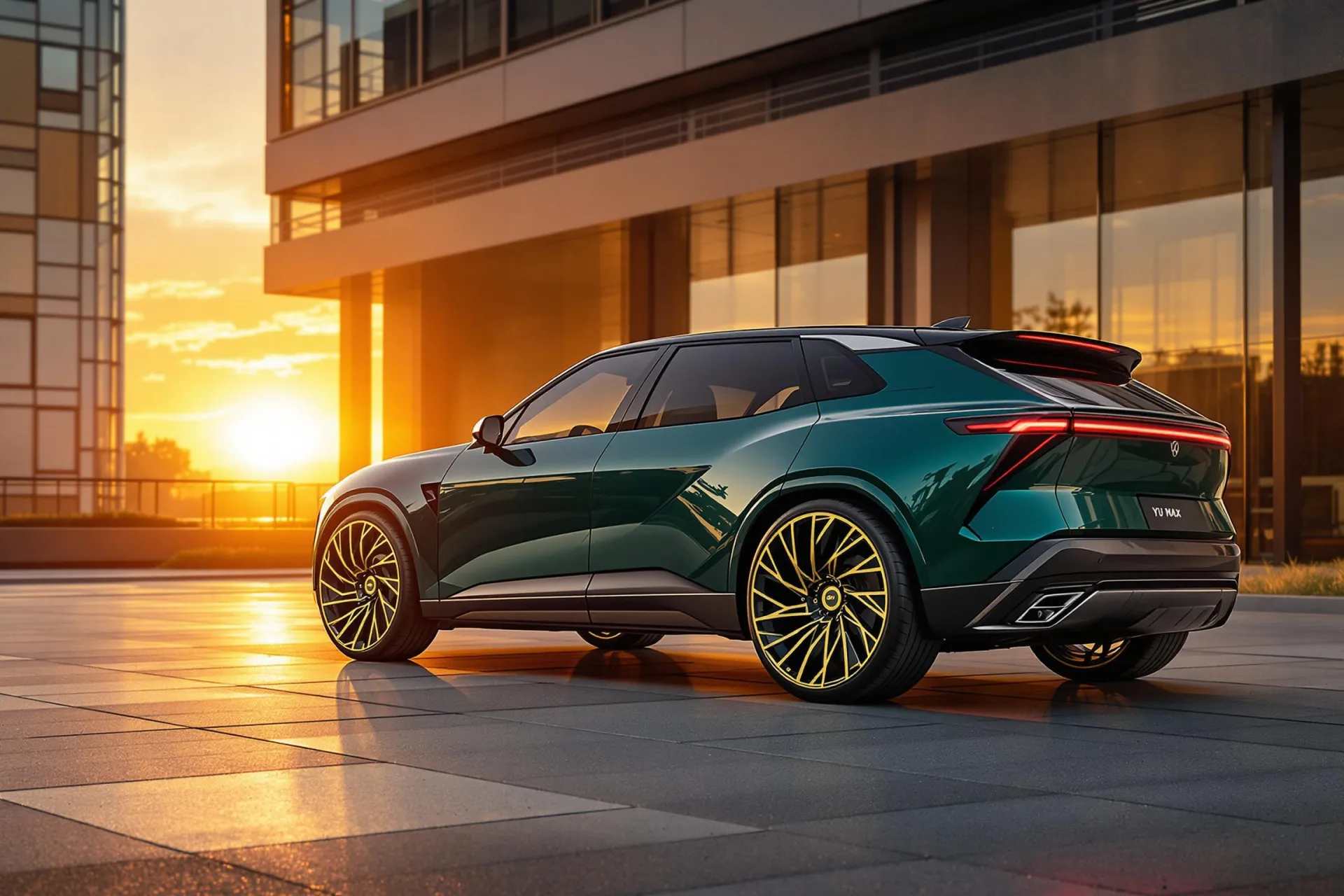 Un SUV électrique Xiaomi YU7 Max de couleur vert saphir est photographié au coucher du soleil, mettant en valeur ses jantes forgées de 21 pouces et ses éléments en fibre de carbone.