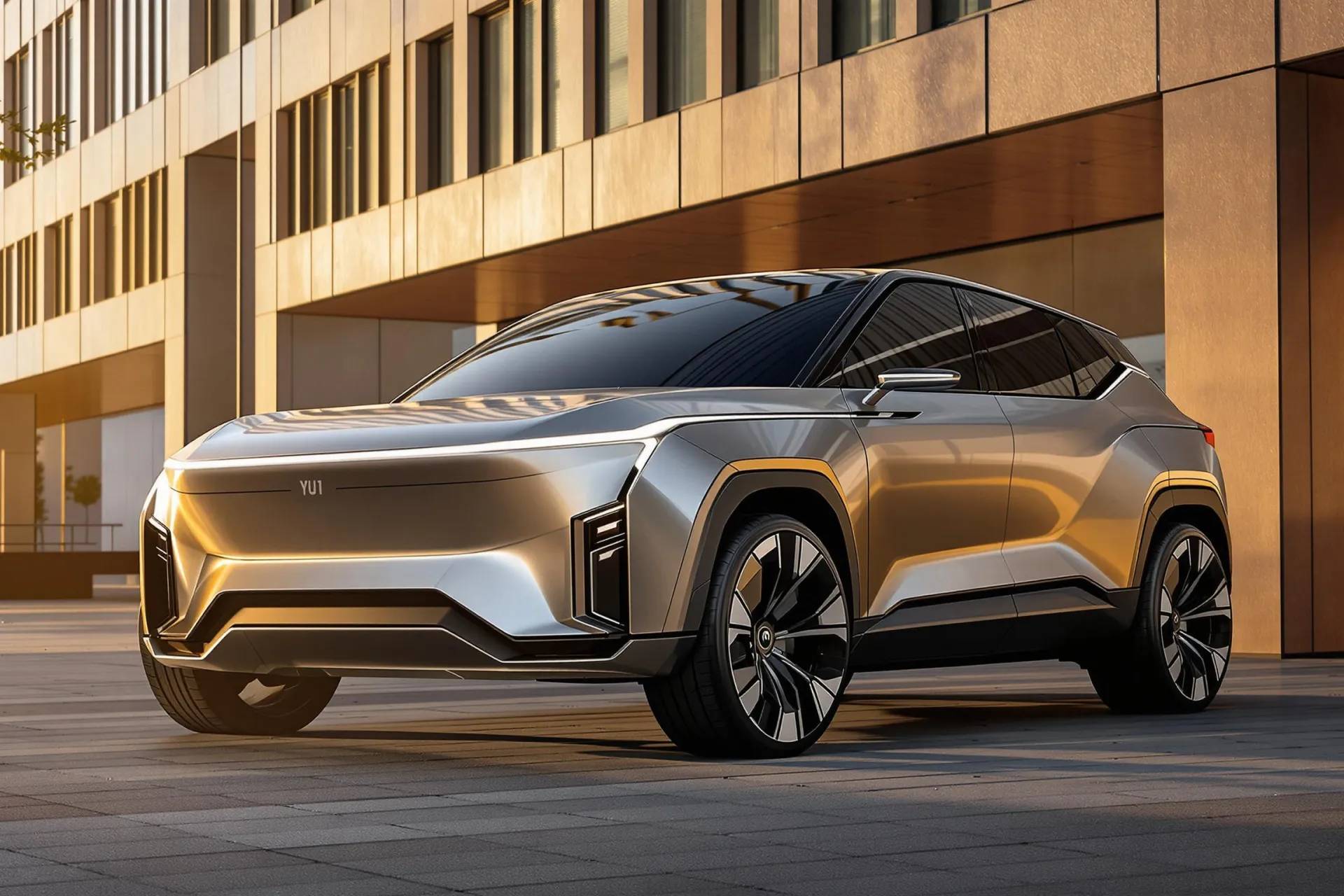 Le SUV électrique Xiaomi YU7 de couleur métallisée est stationné dans un environnement urbain moderne, illuminé par la lumière dorée du soir.