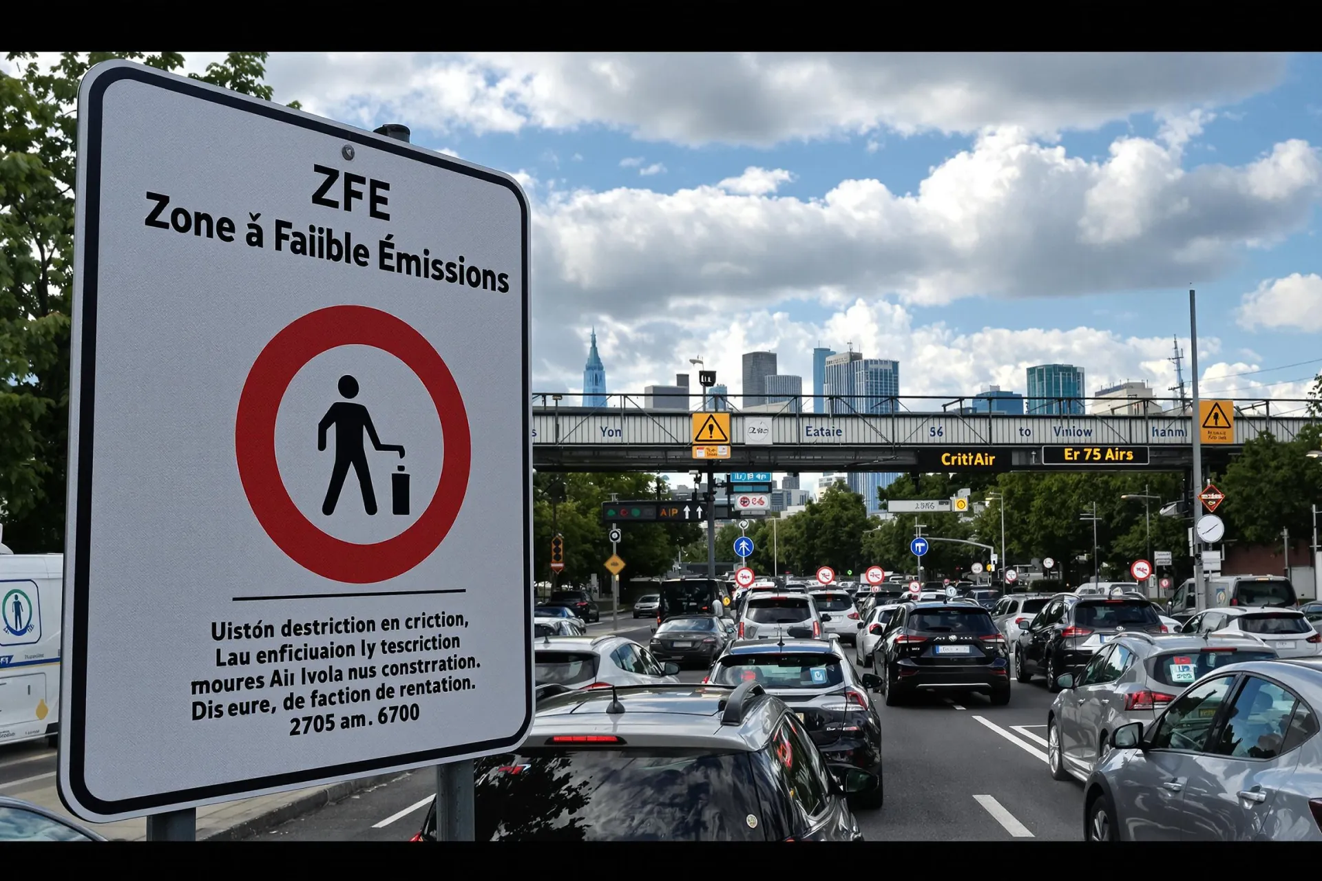 Un panneau de Zone à Faibles Émissions surplombe une file de véhicules variés attendant à l'entrée d'une ville française sous un ciel partiellement nuageux.